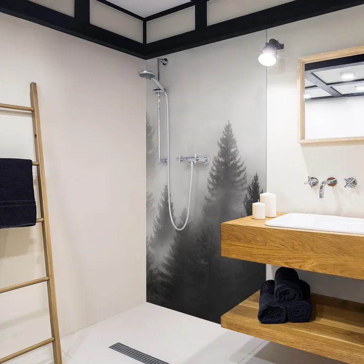 Apalis Home Duschrückwand Wald selbstklebend, 0.61 mm Wandpaneel wasserfest mit schwarz-weiss Motiv, fugenlos Premium matt, 80x190 cm