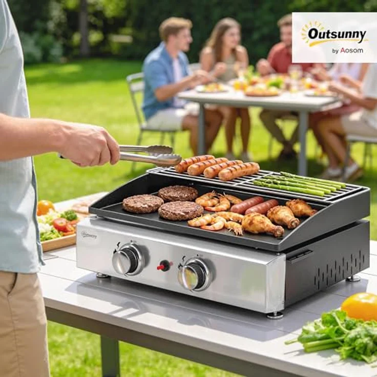 Outsunny Gasgrill 5 KW, tragbarer Tischgrill mit 2 Edelstahlbrennern, emaillierte Grillplatte, herausnehmbarer Fettauffangschale für Garten und Balkon – Bild 2