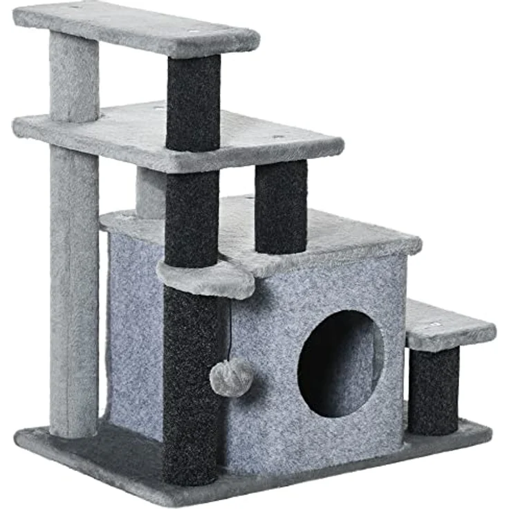 PawHut Haustiertreppe, 3/4-stufige höhenverstellbare Katzentreppe mit Schlafhöhle 2 in 1 praktische Hunderampe für kleine Hunde und Katzen Einstieghilfe für hohe Betten Sofa Grau 60 x 40 x 66 cm – Bild 1
