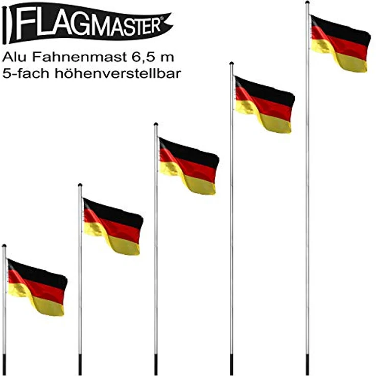 FLAGMASTER Teleskop Fahnenmast Aluminium 6,50m, 5-fach höhenverstellbar, Komplettset mit 30 verschiedenen Fahnen zur Wahl und Bodenhülse – Bild 3