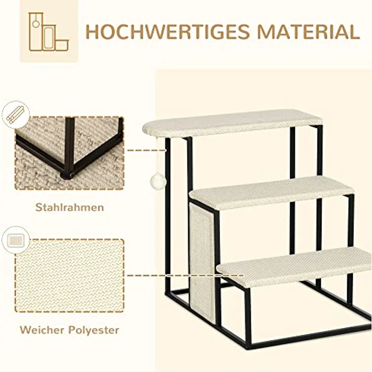 PawHut Haustiertreppe 3-stufige Katzentreppe Hundetreppe mit Kratzbrett und Spielball Einstieghilfe Praktische & Leichte Tiertreppe Stahl Sisal Cremeweiß+Schwarz 51 x 54 x 53cm – Bild 3