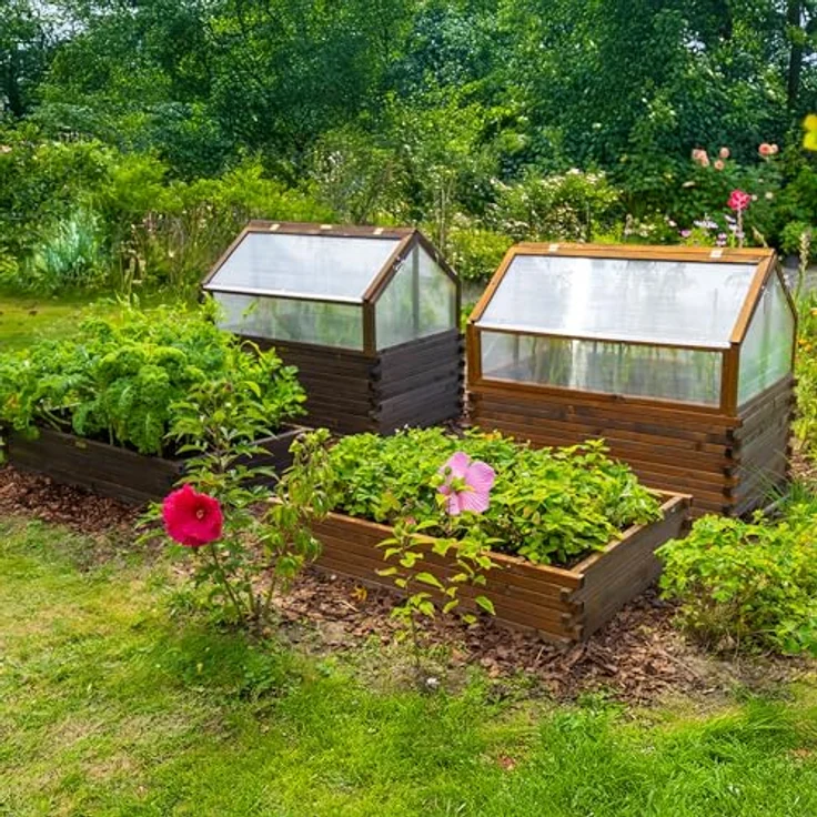 Greenspot Garten-Frühbeet 120 x 80 x 60 cm, Mini-Gewächshaus aus Holz in Palisander mit öffnender Abdeckung für Hochbeet, ideal für Kräuter, Gemüse und Blumen – Bild 6