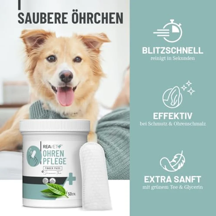 ReaVET Ohrenpflege Finger-Pads für Hunde & Katzen, 50 Stück – Sanfte Ohrreinigung mit grünem Tee & Glycerin für alle Hunderassen und Katzen, hautschonend und effektiv – Bild 2