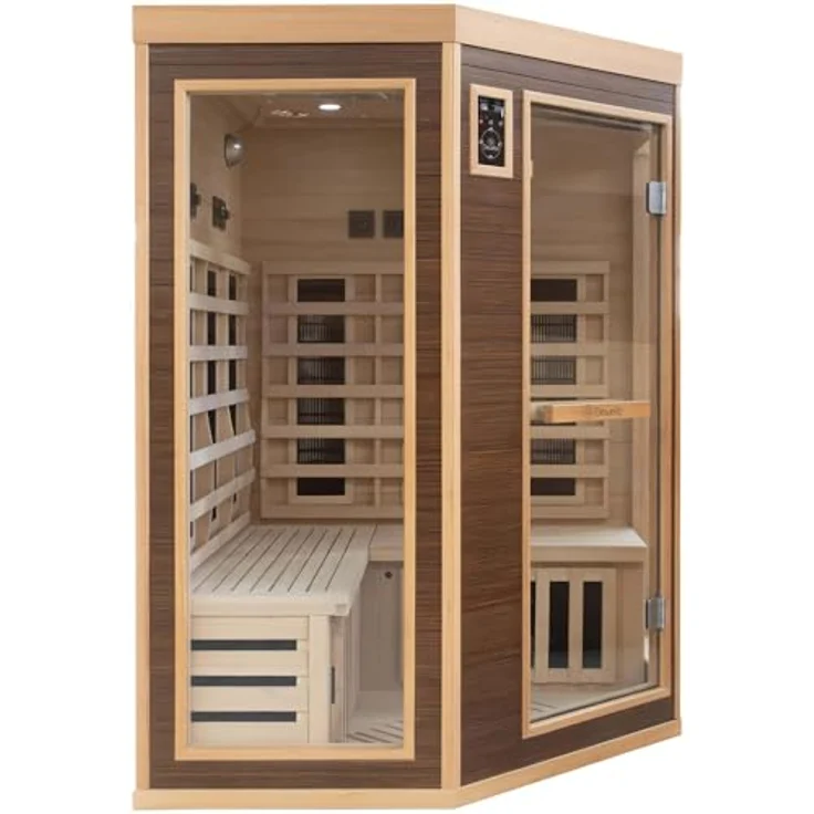 Dewello Infrarotkabine MONTREAL 140 Wärmekabine für 1 Personen, 6 Vollspektrumstrahler, BxTxH: 140 x 140 x 190 cm (Sternenhimmel, Farblichttherapie, Ionisator, Ozondesinfektion, Aromatherapie, Multimedia, USB-Anschluss) - Ebenholz-Look – Bild 2