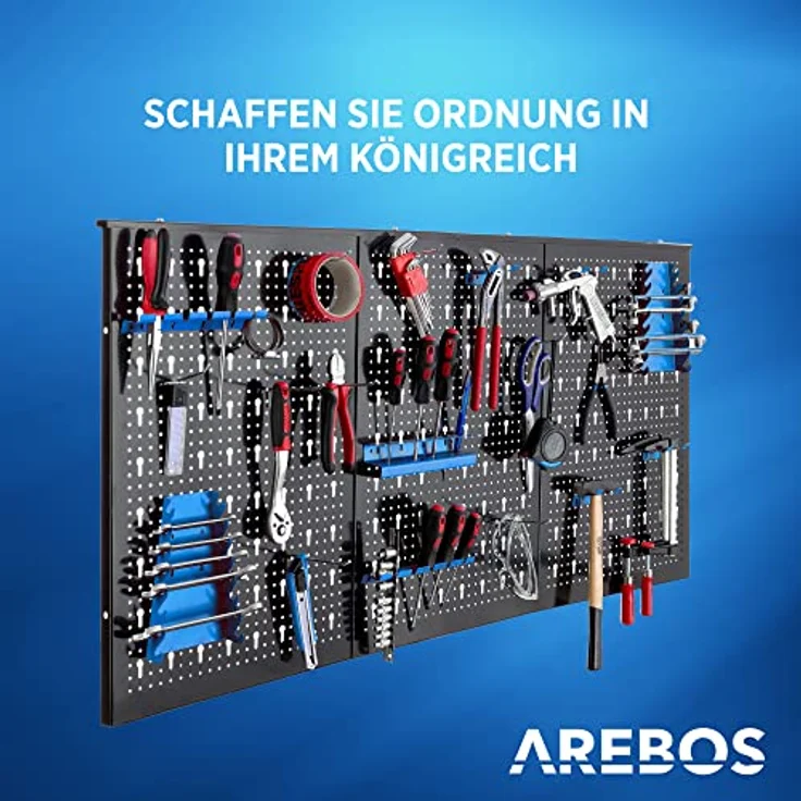 Arebos Werkzeugwand 3-teilige Lochwand Werkstatt, 17-teiliges Hakenset & Halterungen, modulare Montage, 117,6 x 59,5 x 2 cm, Metall, Blau – Bild 3