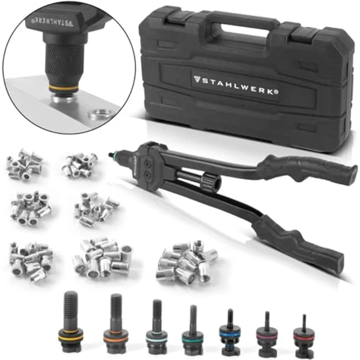 STAHLWERK Blindnietzangen Set NZ-16 ST, Nietzange mit Wechsel-Gewindedorn M3-M12, inkl. 70 Nietmuttern und Koffer – Bild 2