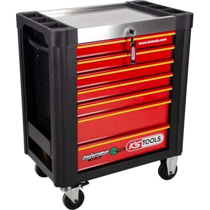 KSTOOLS PERFORMANCEplus e10 Werkstattwagen schwarz/rot, 7 Schubladen, Edelstahlarbeitsplatte, zentrale Verriegelung, kugelgelagerte Schubladenführung, hohe Stabilität – Bild 3
