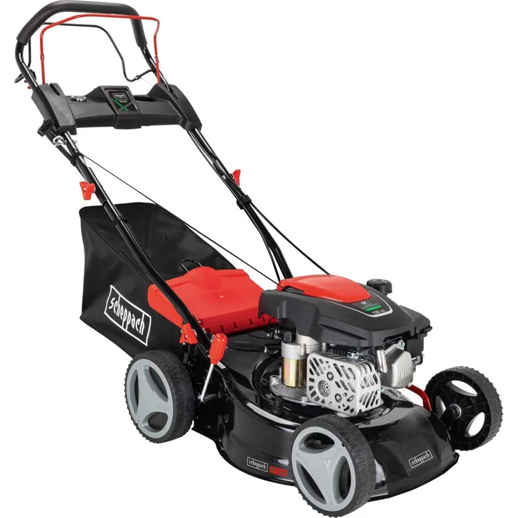 Scheppach MS150-42E SE Benzin Rasenmäher, 3,7 PS mit E-Start, 42cm Schnittbreite, Radantrieb, inkl. 2Ah Akku + 2,4A Ladegerät