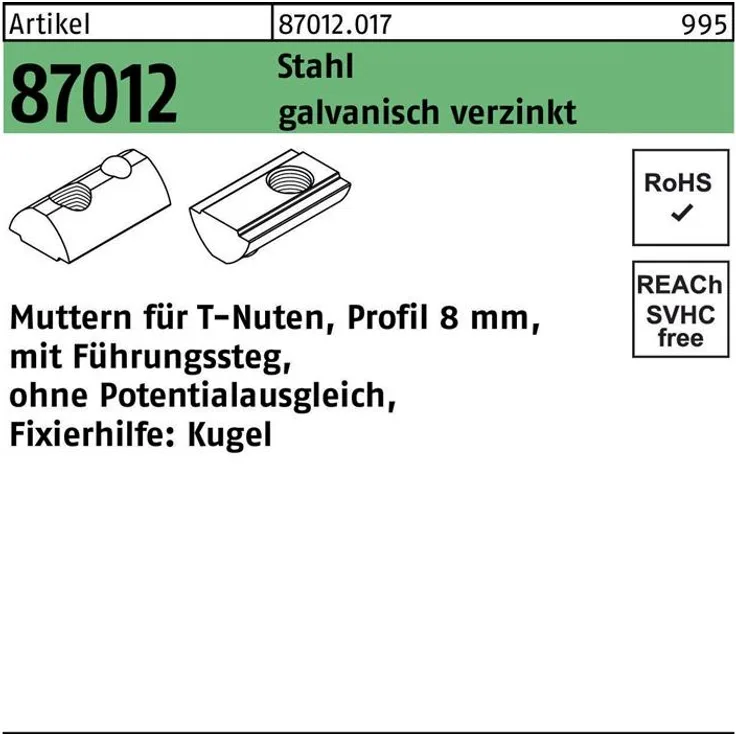 DIVERSE T-Nutenmutter R 87012 m.Führungssteg-o.Potenzialausgl. 8mm M 6 Stahl galvanisch verzinkt