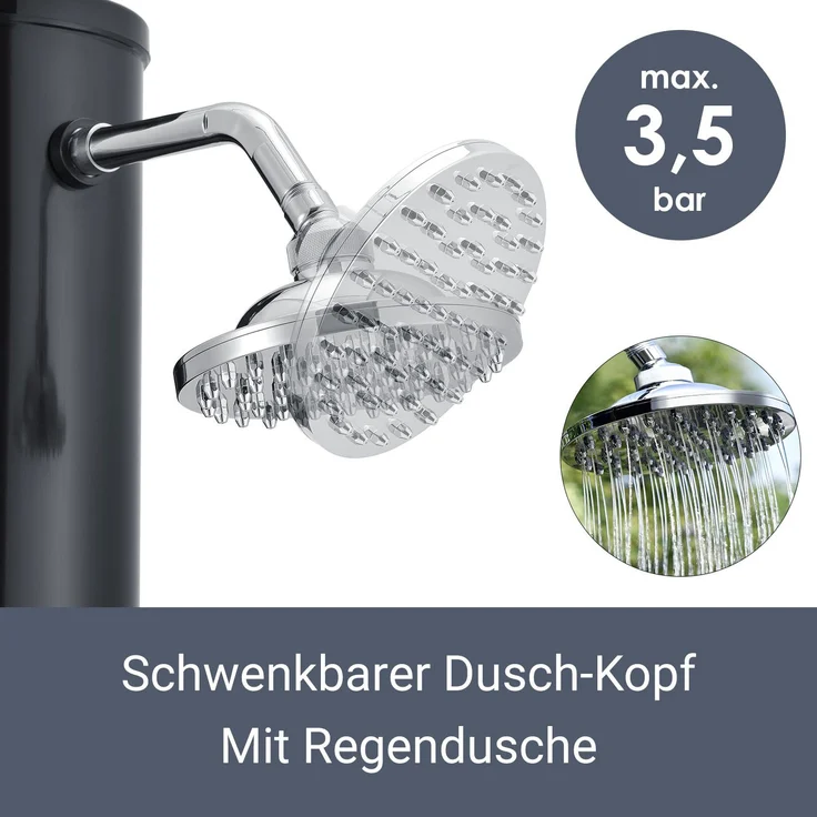 Juskys Solardusche Victoria 20 l Gartendusche mit Regendusche und Thermostat Schwarz Gartenschlauch Anbindung justierbare Duschkopf-Halterung – Bild 3