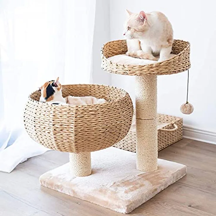 Kratzbaum Banana Leaf mit Natur-Sisal - Kletterbaum für Katzen, Sisalsäule mit 8 cm Durchmesser, Höhe 55 cm, beige
