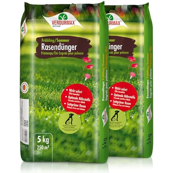 Höfer Chemie Verdurmax 2 x 5 kg Rasendünger Frühling & Sommer, Langzeitdünger mit NPK-Formel 14-3-8 für 500m², hundeverträglich, trockenheitsresistent, für Streuwagen geeignet – Bild 1