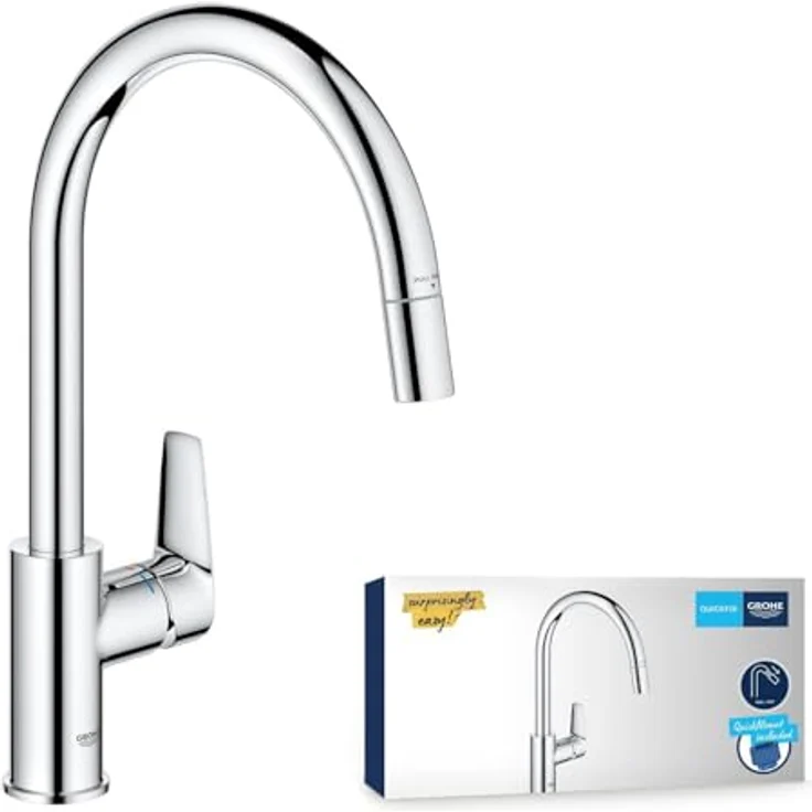 Grohe Start Edge, Einhand-Küchenarmatur Hochdruck, chrom, mit herausziehbarer Laminarbrause und schwenkbarem Auslauf – Bild 1