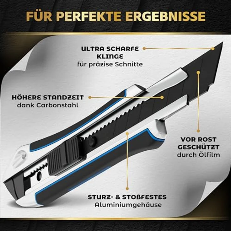 KRAFTFELS Cuttermesser Profi 5er Set - Robustes Cuttermesser 18mm inklusive 10 extrem scharfen Klingen - Rutschfestes Cutter & Universalmesser Teppichmesser - Aluminiumgehäuse - Ersatzklingen 18mm - Sturz- & stoßfest - Rostschutz-Ölfilm – Bild 3