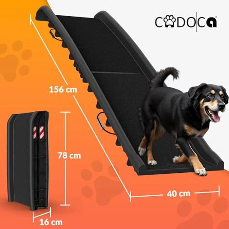 Cadoca Hunderampe Auto klappbar 156x40cm Tragegriff Sicherheitsbügel Reflektoren Trinknapf Hund Katze rutschfest leicht kompakt stabil Einstiegshilfe, beige – Bild 3