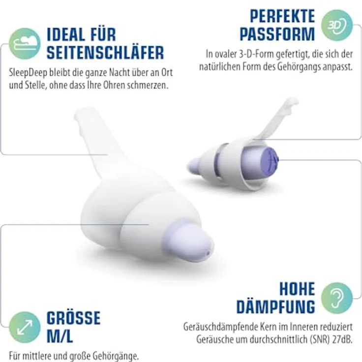 Alpine SleepDeep Weiche Ohrstöpsel zum Schlafen, Größe M/L, 3D-Ovalform und geräuschdämpfender Kern für maximalen Komfort und Dämpfung, Für Seitenschläfer geeignet, Reduzieren Schnarchgeräusche – Bild 2