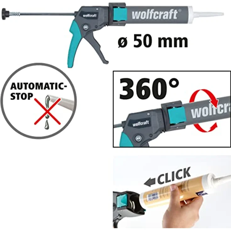 wolfcraft MG 300 Kartuschenpresse COMPACT 4357000 Kompakte Silikonspritze zum Verfugen mit Silikon, Klebstoff & Acryl Kartuschenpistole für 310ml Kartuschen – Bild 3