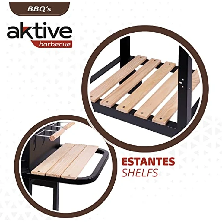 AKTIVE 52975 Holzkohle- und Holzkohlegrill mit doppeltem Grill, 100,5 x 40 x 88,5 cm, 3 höhenverstellbar, 2 integrierte Rollen für einfachen Transport, emailliertes Metall und Holz – Bild 5