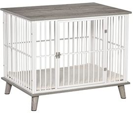 PawHut Hundekäfig aus Holz mit Kissen Hundebox in erhöhtem Design für mittelgroße Hunde, innen Zuhause, Tierkäfig Haustier Weiß + Grau, 86 x 60 x 70 cm