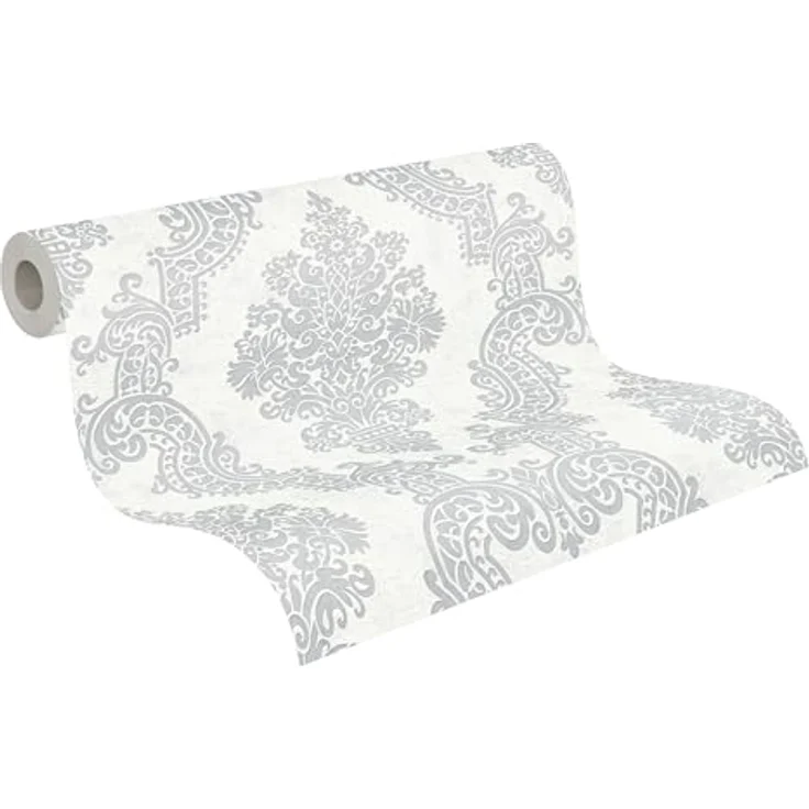 A.S. Création Pure Elegance Vliestapete mit Ornamenten, 0,53 x 10,05 m, Weiß und Grau, Barocktapete, Made in Germany, robust und waschbeständig – Bild 1
