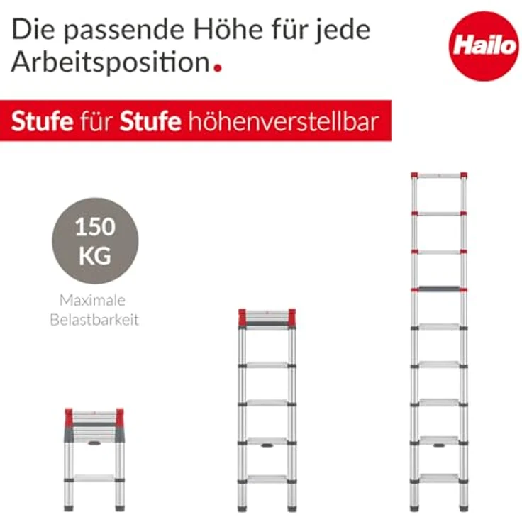 Hailo Teleskop-Anlegeleiter Aluminium, 9 Stufen, max. 150 kg, 265 cm, rutschfeste Sprossen, anodisierte Oberfläche, Einhand-Auslösesystem – Bild 3