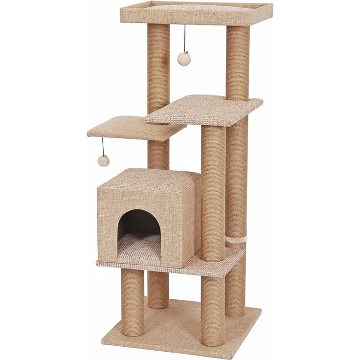 Dehner Kratzbaum Nele, Jute, beige, Kletterbaum auf fünf Ebenen mit integriertem Katzenspielzeug