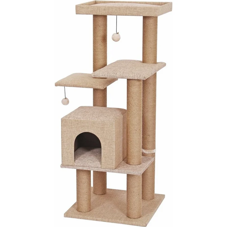 Dehner Kratzbaum Nele, Jute, beige, Kletterbaum auf fünf Ebenen mit integriertem Katzenspielzeug – Bild 1