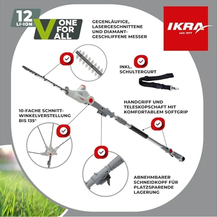 IKRA Akku Teleskop Heckenschere IATHS 1241, kabellos mit 41 cm Schnittlänge, 4-fach verstellbarem Schnittwinkel und Schutzbrille, inkl. 12 V Akku & Ladegerät – Bild 6