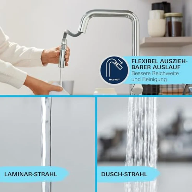 Grohe Start Edge, Einhand-Küchenarmatur Hochdruck, chrom, mit herausziehbarer Laminarbrause und schwenkbarem Auslauf – Bild 7