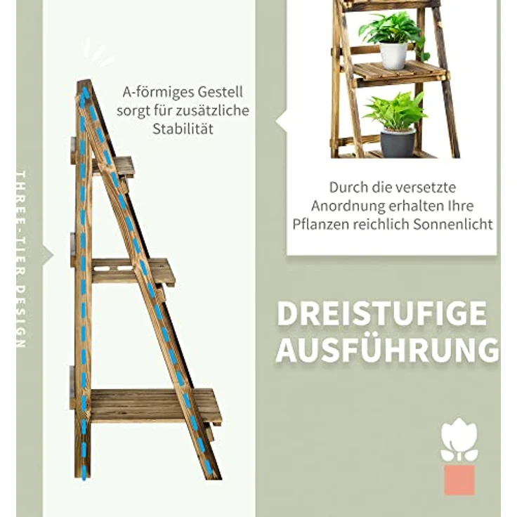 Outsunny 3-Etagen Pflanzenständer, klappbarer Blumenständer aus verrotungsbeständigem Tannenholz, 93 cm hoch, dunkelbraun, für Innen und Außen – Bild 4