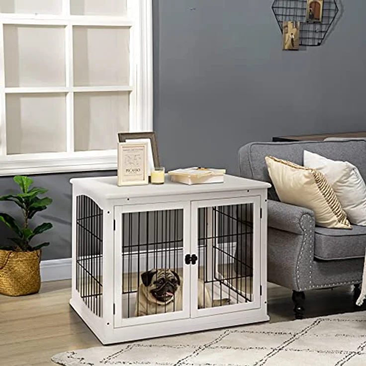 PawHut Hundehütte Hundehaus Transportbox Kleintierkäfig für Innen Hundebox Tierkäfig Haustier MDF Metall Weiß 81 x 58,5 x 66 cm – Bild 2