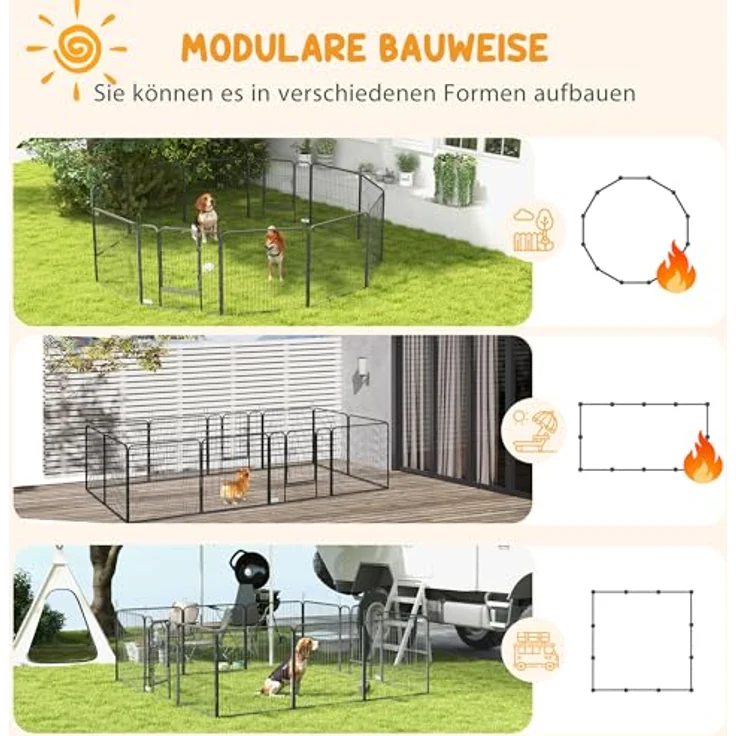 PawHut Welpenauslauf 80 cm Hoch, 12-TLG Welpenlaufstall mit 2 Tür, DIY Hundelaufstall Freilaufgehege für mittelgroße Hunde, Kaninchen, Meerschweinchen, Stahl, Grau – Bild 3