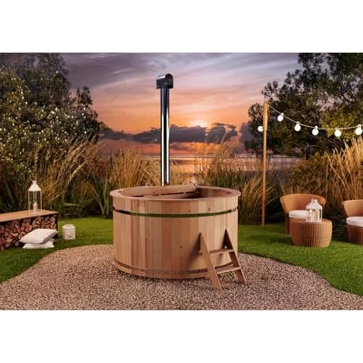 Finntherm Holz Badefass Bergen, Hot Tub Ø 200 x 101 cm, inkl. Edelstahl-Ofen 22 kW und Einstiegsleiter, 6-8 Personen, Schwimmbecken, Badebottich – Bild 5