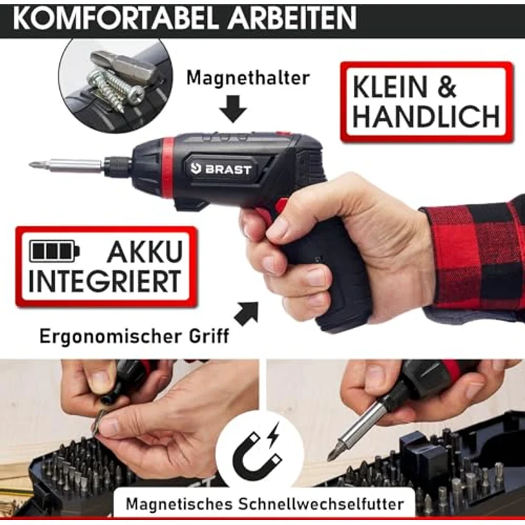 BRAST Akkuschrauber Akku Bohrschrauber, 4,0V Li-Ion mit 54 Chrom-Vanadium-Bits, schwenkbarem Kopf, USB-C Ladekabel und integriertem Überlastschutz – Bild 6