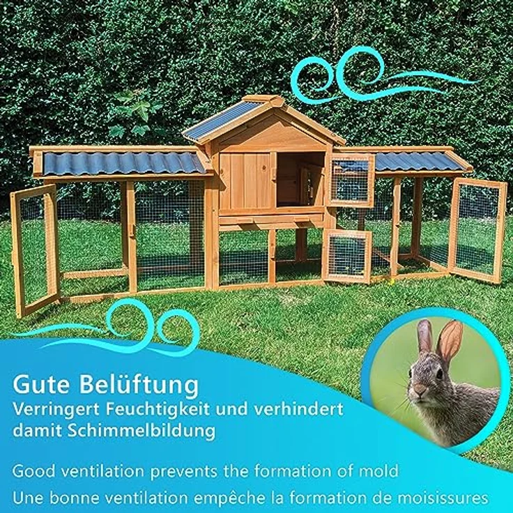 NYVI Hasenstall Picasso mit Auslauf - XXL Kleintierstall mit Gehege - PVC Dach - Winterfest & Wetterfest für Draußen - Einfache Montage, Langlebig - Outdoor Kaninchenstall 203x85x53cm Natur – Bild 4