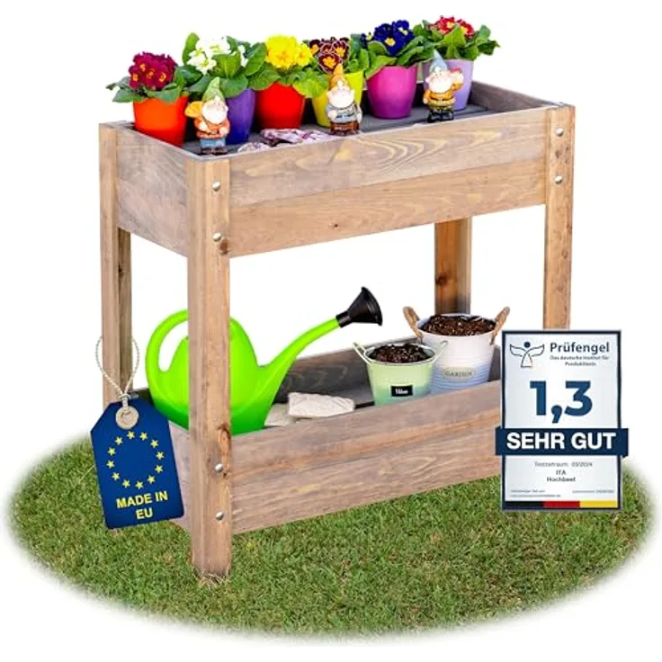 ITA Hochbeet aus Holz 80x37x78 cm - Pflanzkasten mit 2 Ebenen & Innenfolie - FSC Kiefernholz - Grau