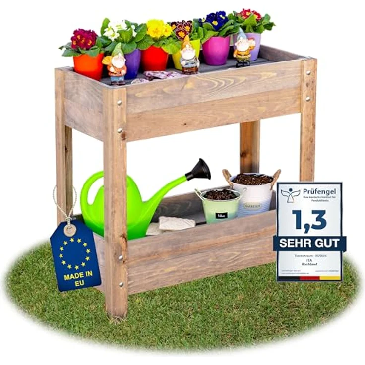 ITA Hochbeet aus Holz 80x37x78 cm - Pflanzkasten mit 2 Ebenen & Innenfolie - FSC Kiefernholz - Grau – Bild 1