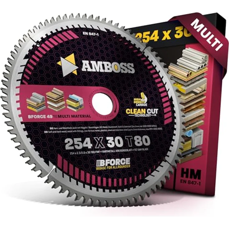 Amboss Werkzeuge HM Kreissägeblatt 254x30 Z80 Flachzahn mit Wechselfase für Multi - Feinschnitt, passend zu Bosch GTS 10. PTS 10. PTS 100 T.GTS 254 Holzmann TS 250. TK 255 Ryobi, in Amboss-Qualität - Ø 254mm, für Metalle und Holz. – Bild 1