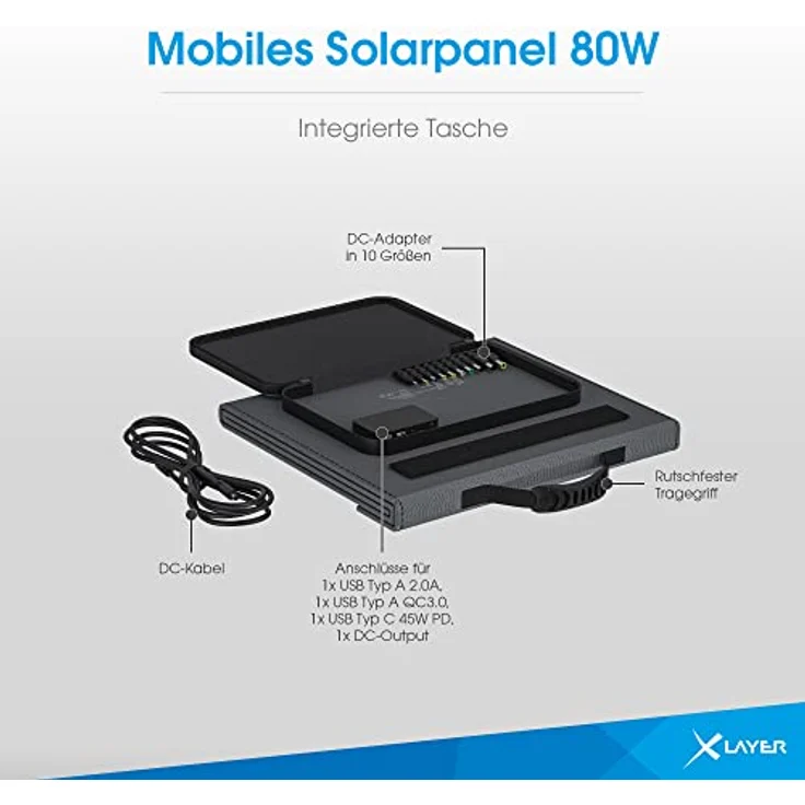 XLAYER Solarmodul Solarpanel faltbar 80W tragbar Solaranlage Camping Notstrom, Grau – Bild 8