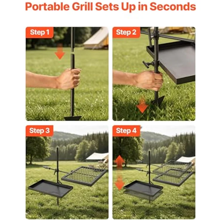 VEVOR Schwenkgrill KJ001, 360° Höhenverstellbarer Lagerfeuergrill aus Kohlenstoffstahl mit Grillrost, drehbar für Outdoor und Camping – Bild 6