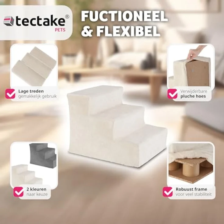 tectake® Hundetreppe oder Katzentreppe, Haustiertreppe, Einstiegshilfe mit waschbarem Bezug, extra Flache Treppenstufen, Tiertreppe für Sofa, Bett oder Auto (Sand) – Bild 4