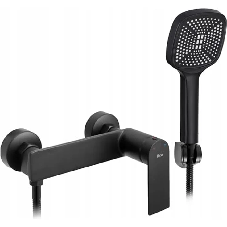 Rea Duscharmatur STORM BLACK, Einhebel Brausebatterie mit Messing Duschkopf, Wandmontage, schwarz – Bild 1