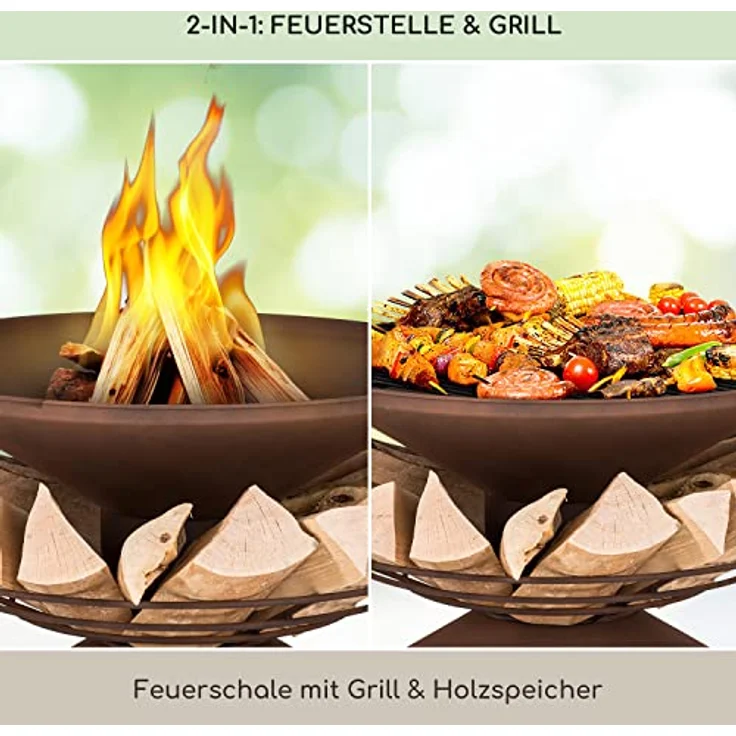 Blumfeldt Feuerschale, Wetterfeste Feuerstelle mit Grillrost & Funkenschutz, 55 cm hoch, aus robustem Stahl für Terrasse & Garten – Bild 2