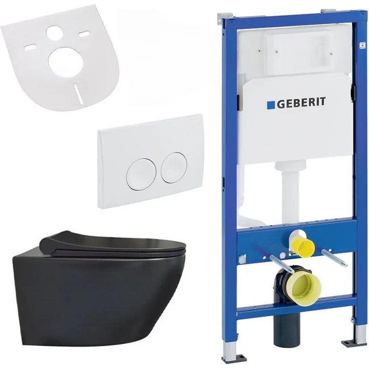 Belvit Tiefspül-WC UP100-AL6613-SET, spülrandloses Wand WC Set in Schwarz matt mit Softclose WC Sitz und Vorwandelement