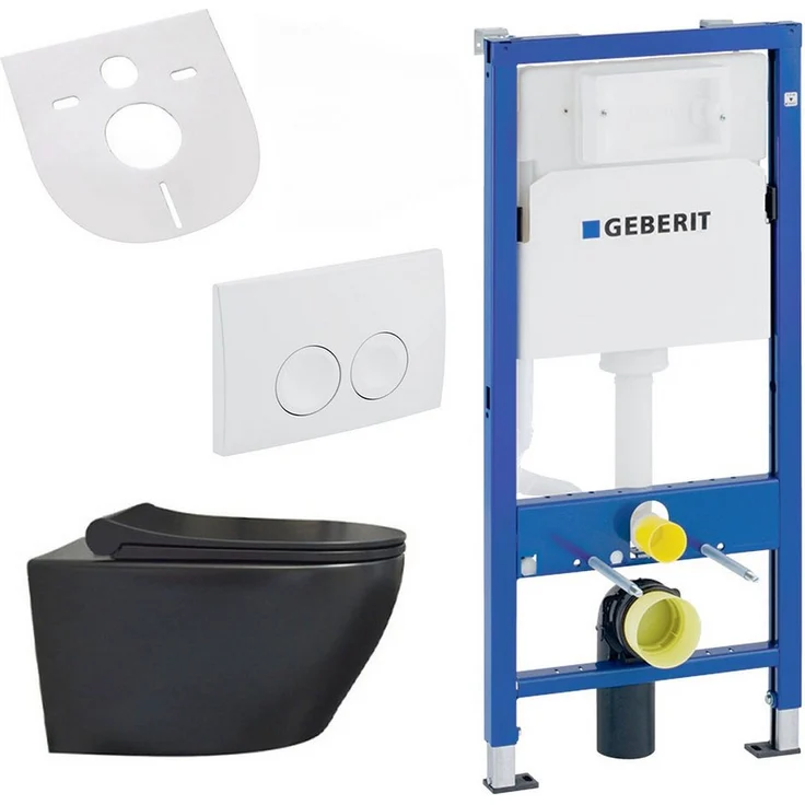 Belvit Tiefspül-WC UP100-AL6613-SET, spülrandloses Wand WC Set in Schwarz matt mit Softclose WC Sitz und Vorwandelement