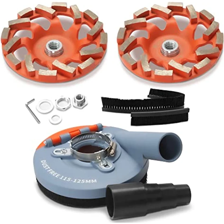 FANZWORK Absaugaufsatz Absaughaube für Winkelschleifer inkl. 2 x 125 mm Diamantschleiftopf PROFI QUALITÄT – Bürsten auswechselbar – 99% universal passend – verstärkter Adapterring – M14 Adapter – Bild 1