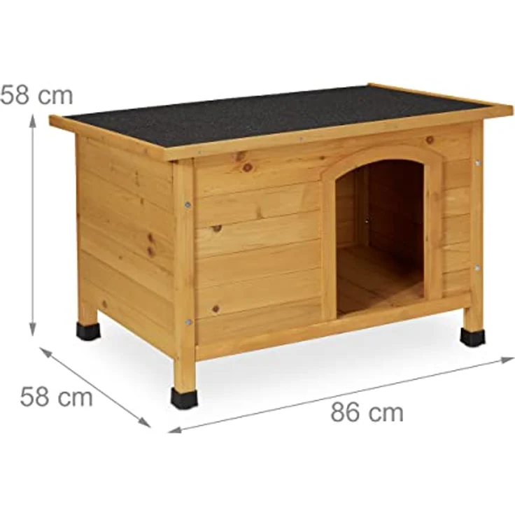 Relaxdays Hundehütte, HxBxT: 58 x 86 x 58 cm, wetterfestes Hundehaus, Holz, Dachpappe, Hundevilla Outdoor, Natur/schwarz – Bild 4