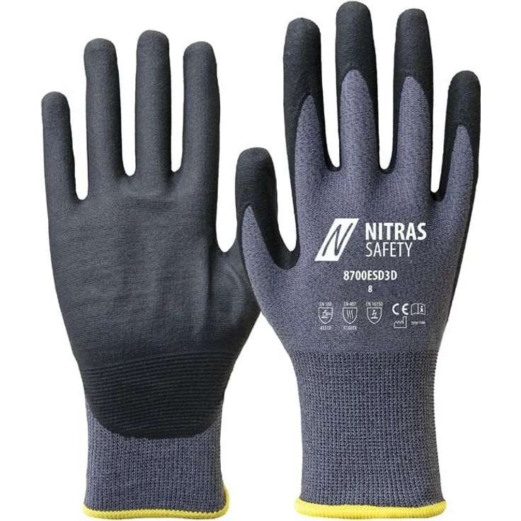 AS Arbeitsschutz GmbH Handschuhe 8700ESD3D Gr.9 grau/schwarz, ESD-arbeitssicher, touchscreenfähig, EN 388/EN 407/EN 16350, hautverträglich, waschbar