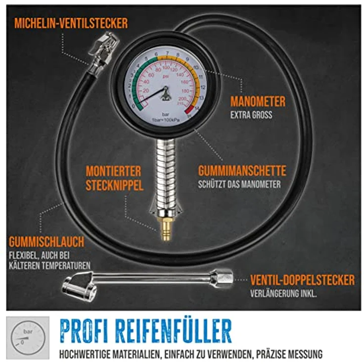 Güde 2752 Reifenfüller ''Profi'' Luftdruckprüfer bis 11bar, großes Manometer – Bild 2
