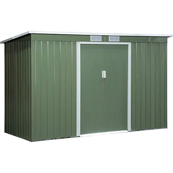 Outsunny Gerätehaus, Gartenhaus, Geräteschuppen mit Schiebetür, Lüftungsfenster, Pultdach, Outdoor, Stahl, Hellgrün, 280 x 130 x 172 cm – Bild 1